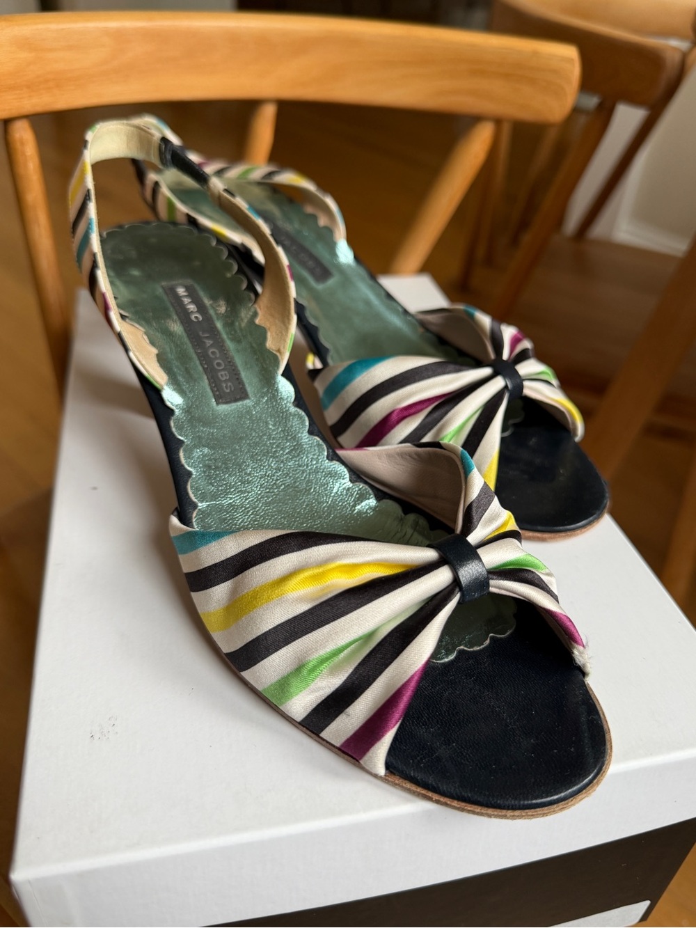 Marc Jacobs Striped Knot Peep-Toe Slingback Heels in Black and Multicolor